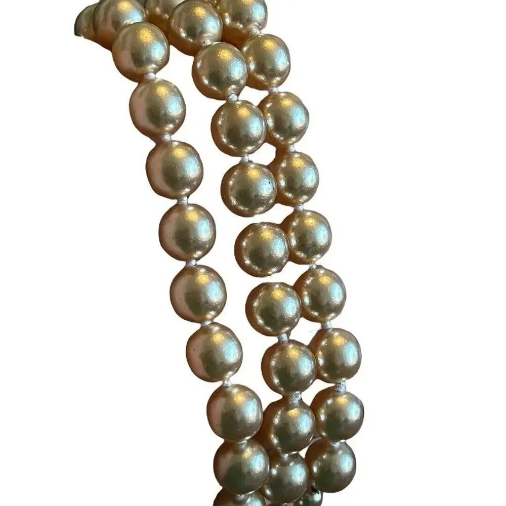 Vintage 3 Strand Faux Pearl Gold Tone Necklace Knotted 16
